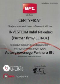 Certyfikat Autoryzowany Partner Bft